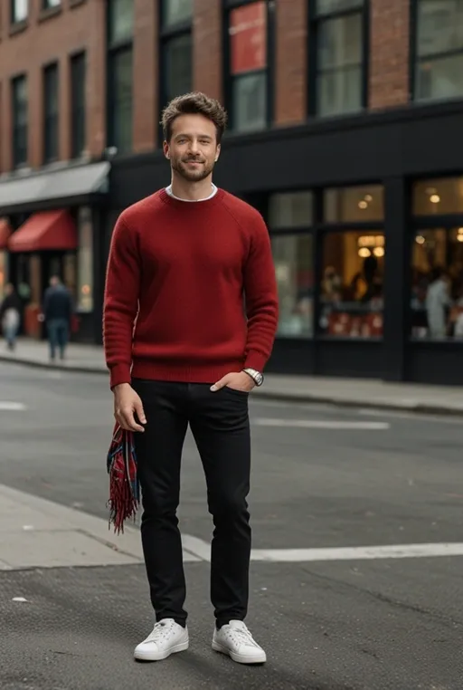 10. Red Wool Sweater with Black Jeans