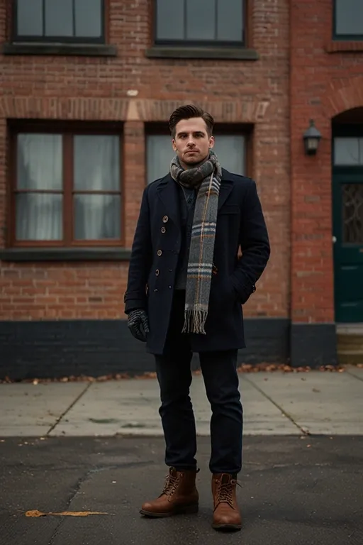 11. Wool Peacoat with Checkered Scarf