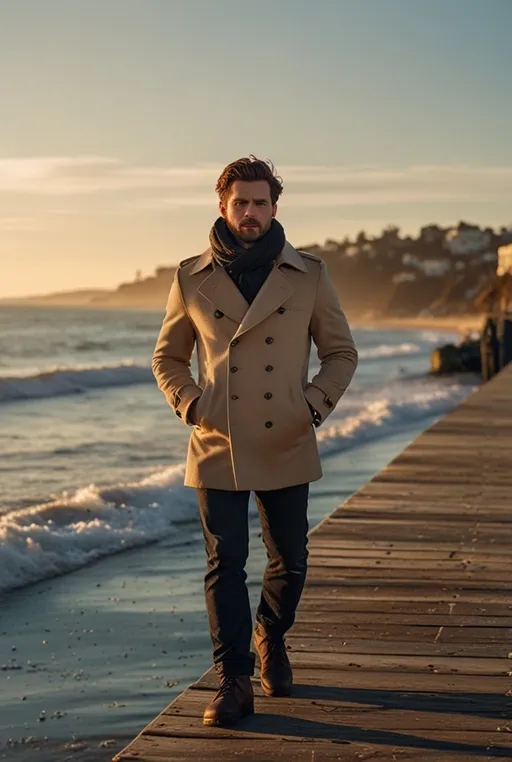 13. Beige Peacoat with Black Scarf