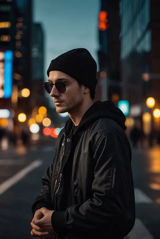 17. Black Hoodie with Bomber Jacket and Beanie