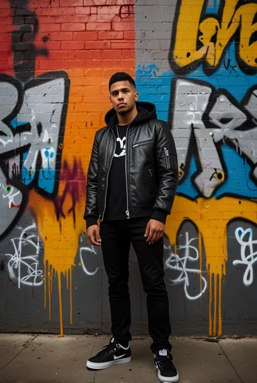 18. Black Leather Jacket with Grey Hoodie