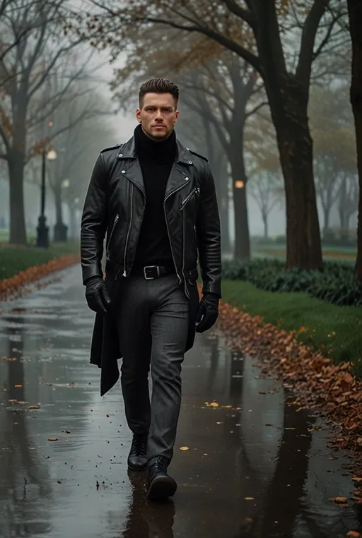 19. Slim Fit Wool Trousers with Leather Jacket