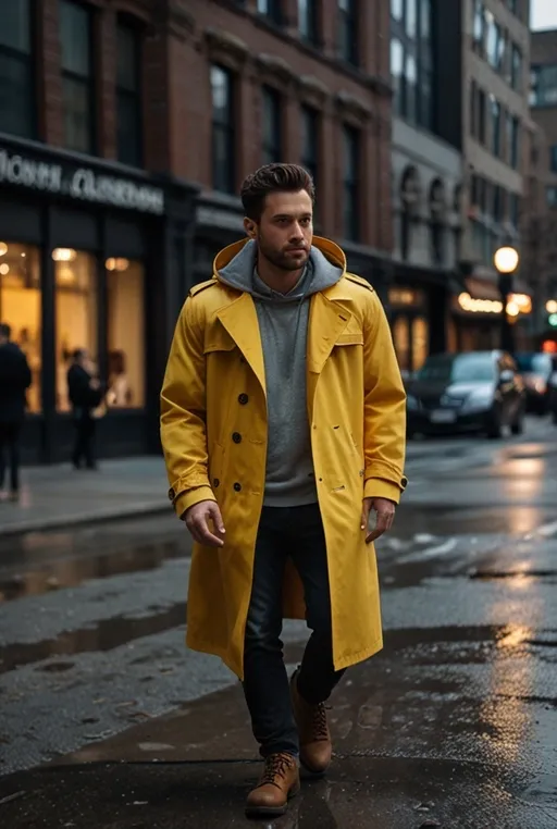 21. Yellow Hoodie with Grey Trench Coat