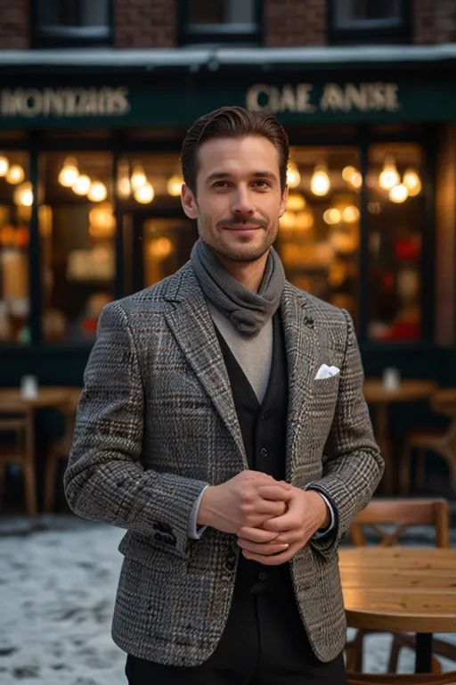 25. Houndstooth Wool Blazer with Grey Scarf