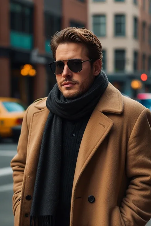 3. Camel Coat with Black Wool Scarf