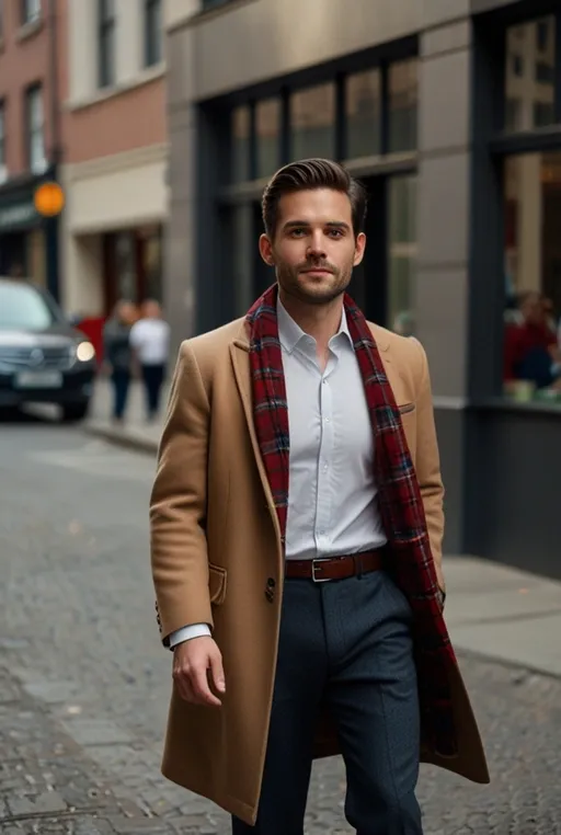3. Camel Overcoat with Plaid Scarf
