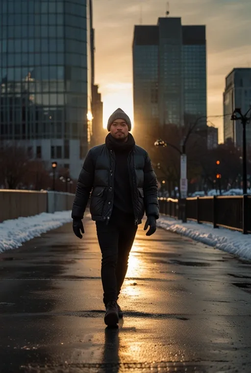 3. Puffer Jacket with Black Leather Gloves