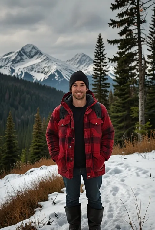 4. Black Parka with Red Flannel Shirt