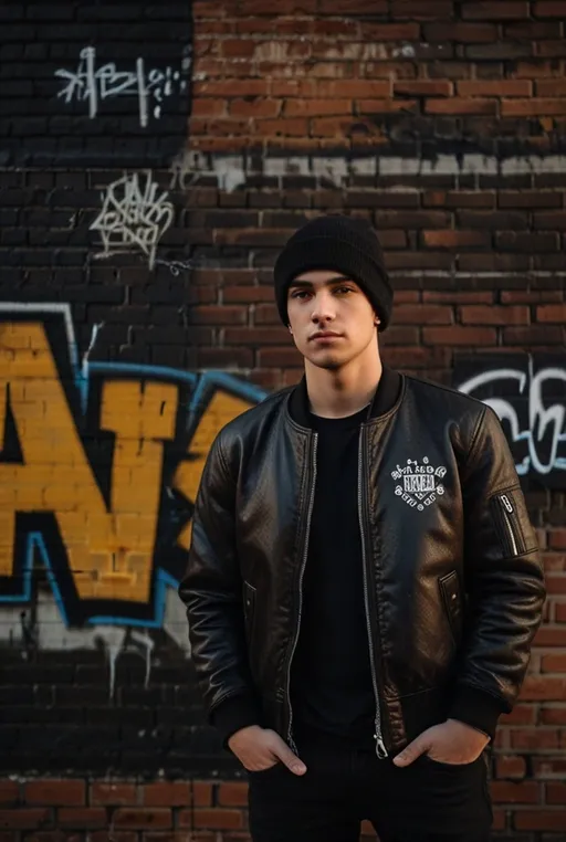 6. Leather Bomber Jacket with Wool Beanie