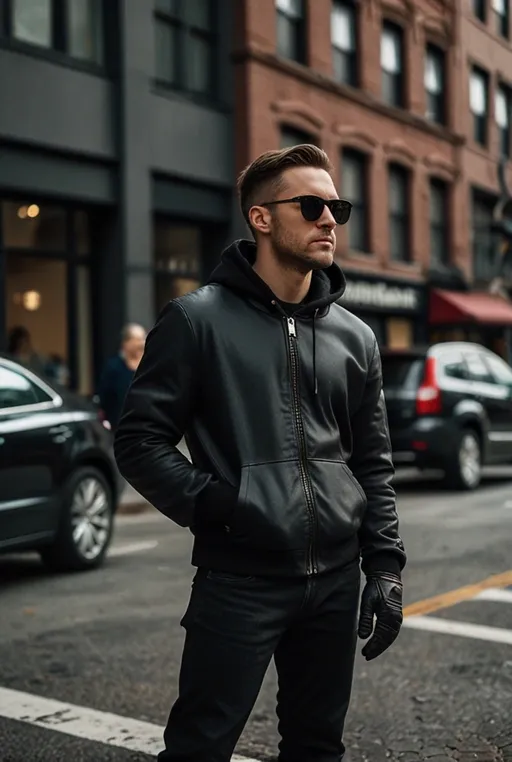 7. Black Hoodie with Leather Gloves