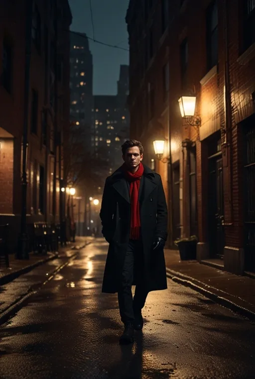 7. Black Trench Coat with Red Scarf