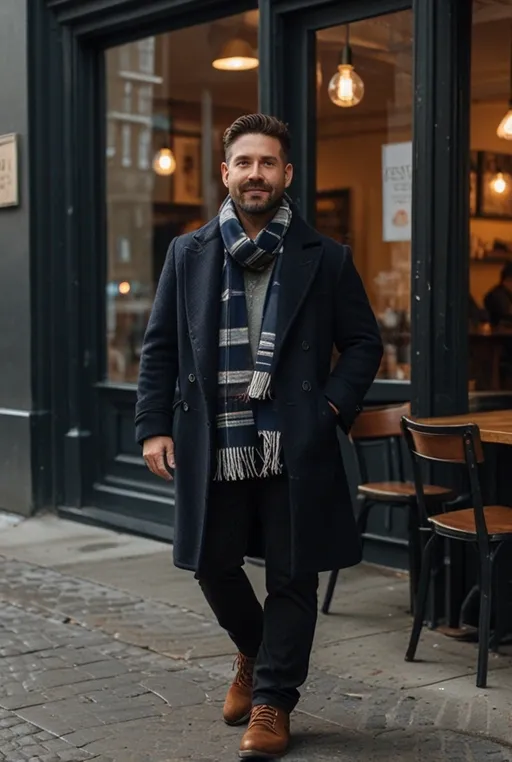 7. Double-Breasted Wool Coat with Plaid Scarf