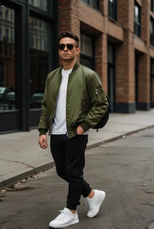 8. Olive Green Bomber Jacket with White T-Shirt