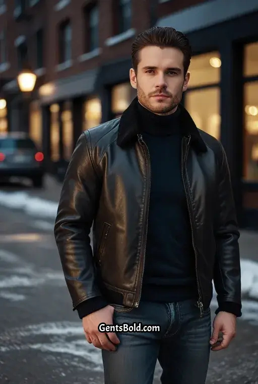1. Classic Black Leather Jacket with Grey Turtleneck