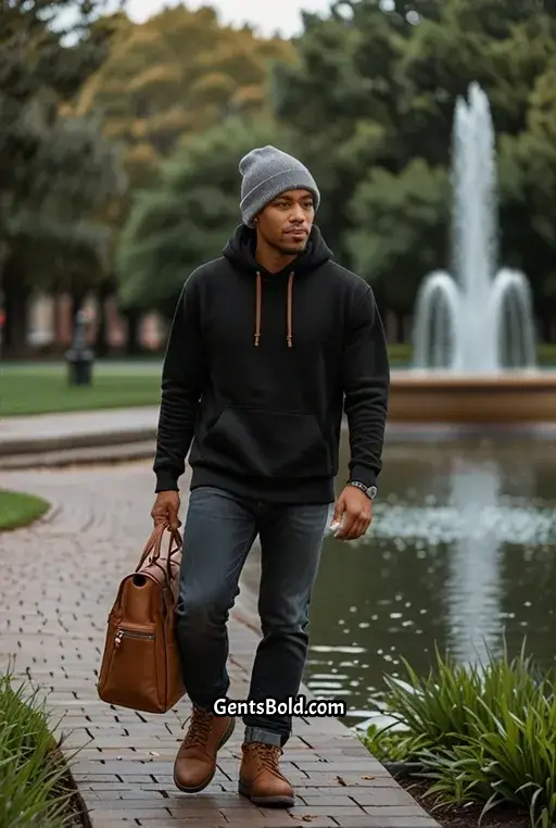 10. Black Hoodie with Light Wash Denim Jeans