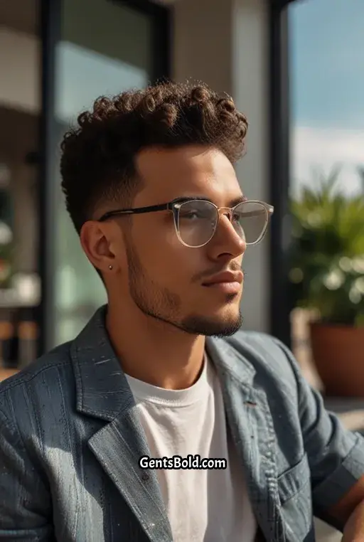10. Curly Top Fade With Bold Square Frames