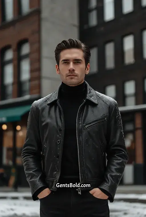 10. Slim Fit Leather Jacket with Monochrome Layers