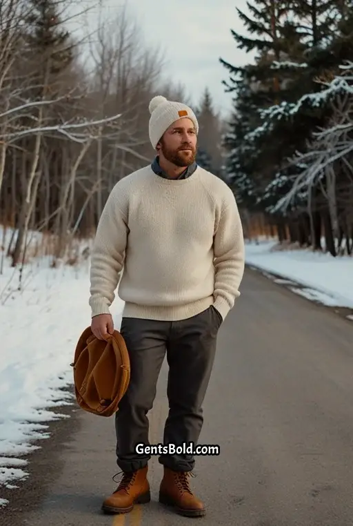 10. Winter Road Trip Outfit with Carhartt Beanie and Knit Sweater