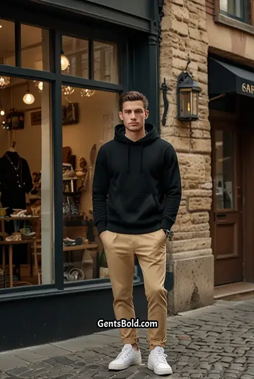 11. Black Hoodie with Beige Chinos