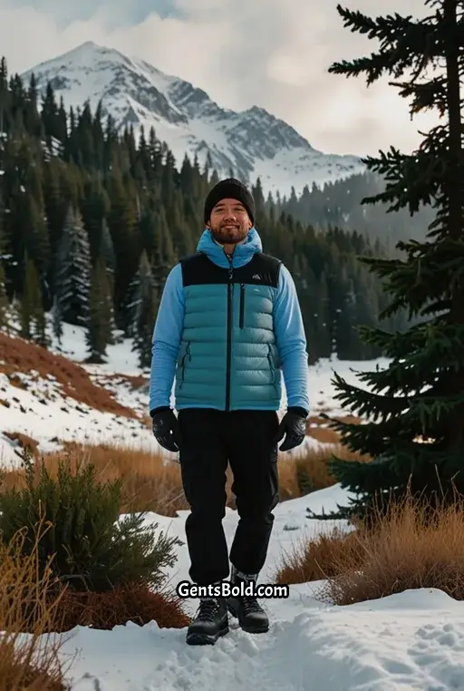 11. Light Blue Turtleneck with a White Puffer Vest