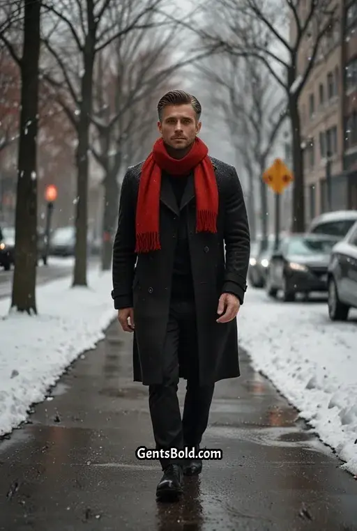 12. Black Leather Trench Coat with Bold Scarf