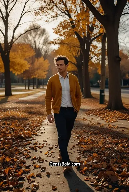 12. Mustard Cardigan with White Button Up