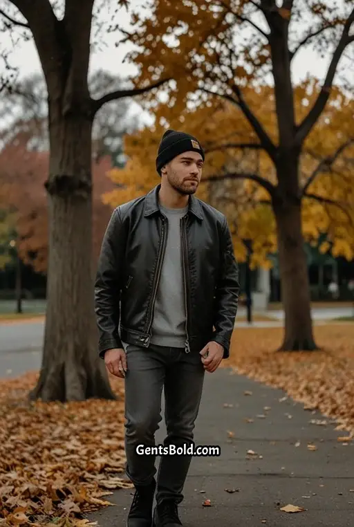 12. Versatile Fall Look with Carhartt Beanie and Leather Jacket