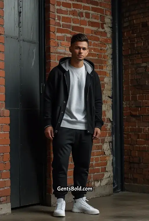 13. Black Chunky Cardigan with White Hoodie