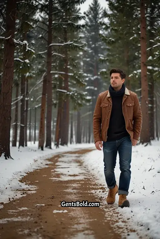 14. Distressed Leather Jacket with Wool Scarf