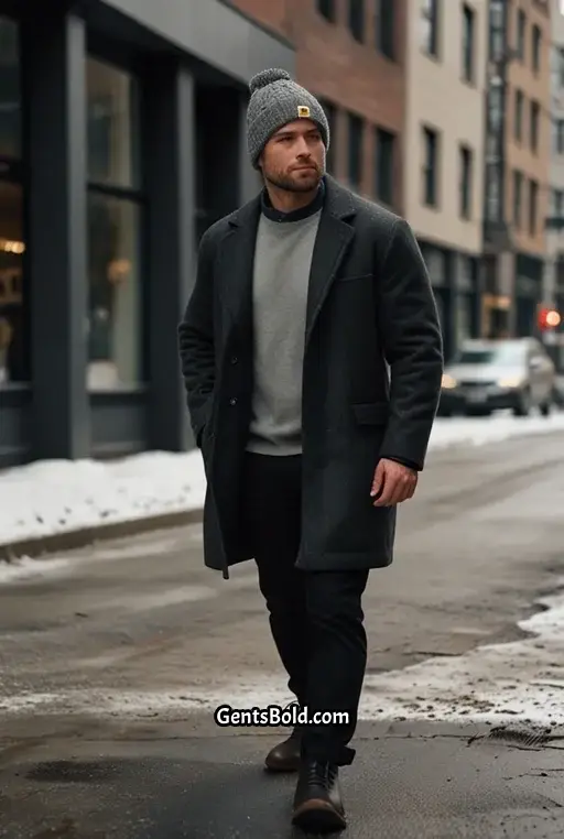 14. Smart Winter Layering with Carhartt Beanie and Wool Coat
