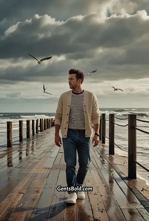 15. Cream Cardigan with Striped Tee