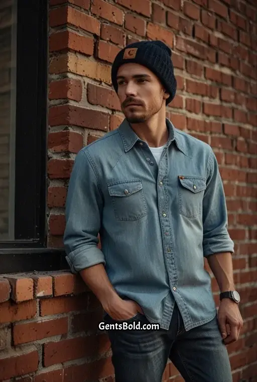 15. Effortless Cool with Carhartt Beanie and Denim Shirt