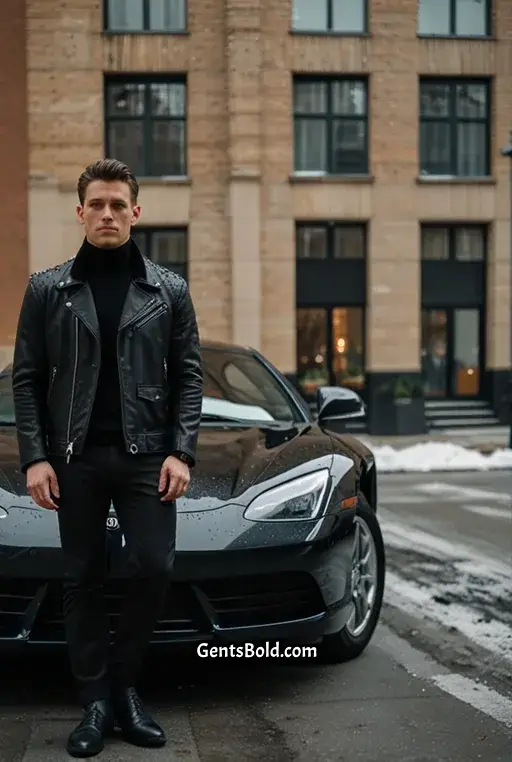 15. Fitted Leather Jacket with Turtleneck Sweater