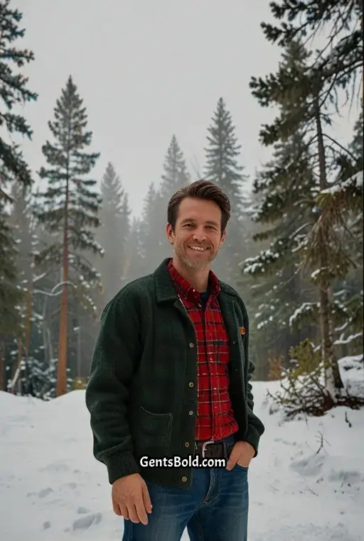 16. Dark Green Cardigan with Plaid Shirt