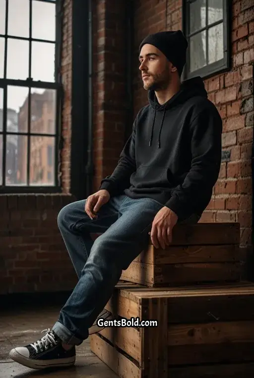 17. Black Hoodie with Denim Overalls