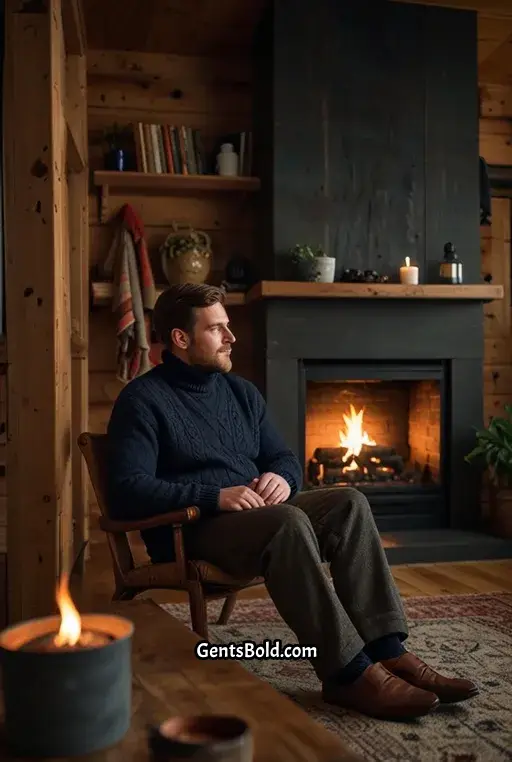 17. Navy Cable Knit Cardigan with Gray Turtleneck