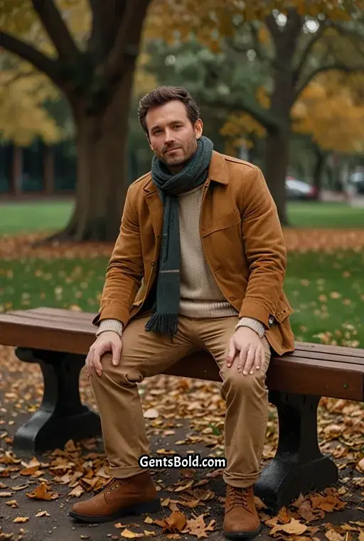18. Beige Turtleneck with a Suede Jacket