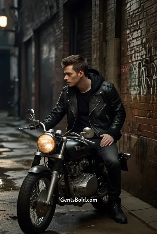 18. Black Hoodie with Leather Jacket