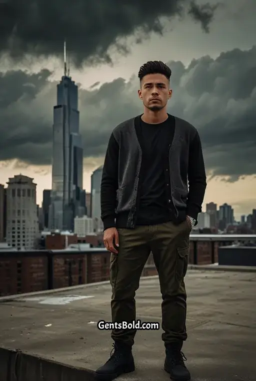 18. Black Open Front Cardigan with Olive Cargo Pants