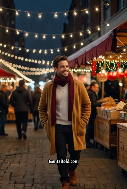19. Camel Cardigan with Burgundy Scarf