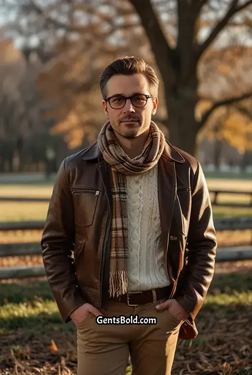 2. Brown Leather Jacket with Plaid Scarf