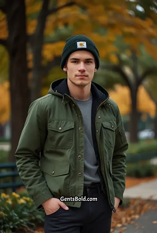 2. Carhartt Beanie with Olive Green Utility Jacket