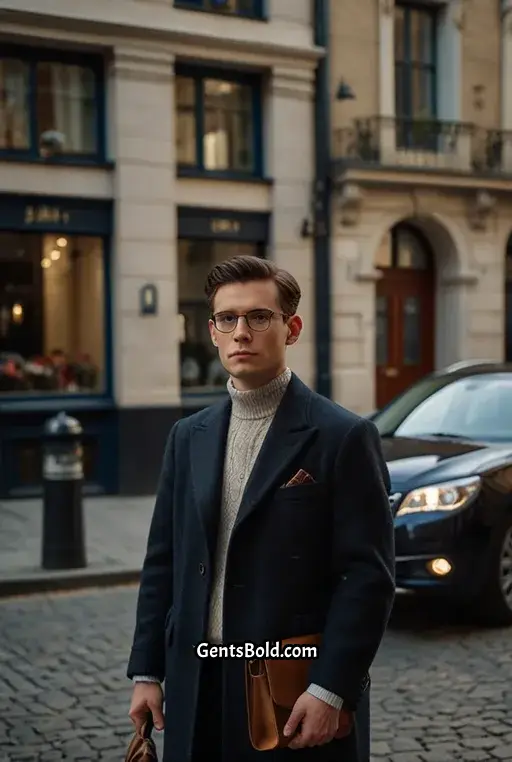 2. Chunky White Turtleneck with a Navy Overcoat