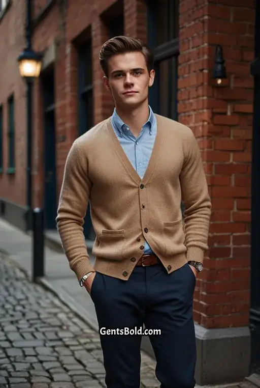 2. Navy Cardigan with Khaki Chinos