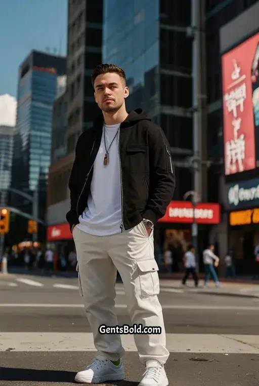 20. Black Hoodie with White Cargo Pants