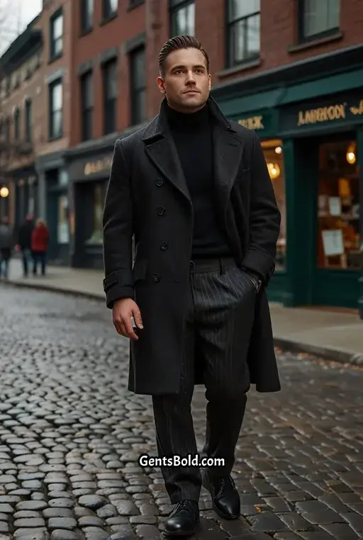 20. Black Turtleneck with a Double Breasted Coat