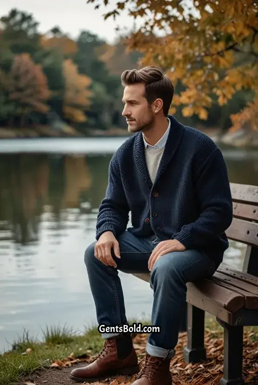 20. Navy Shawl Collar Cardigan with Jeans