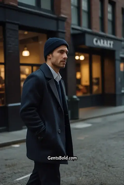 20. Sleek City Look with Carhartt Beanie and Peacoat
