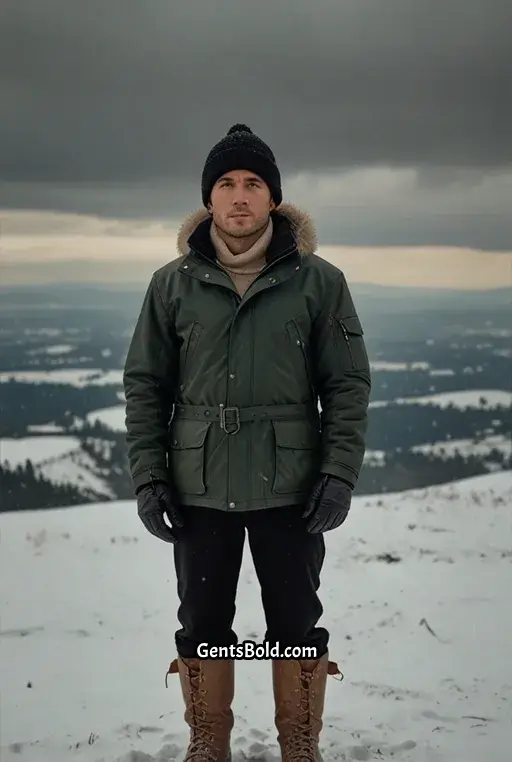 21. Belted Leather Jacket with Winter Hat