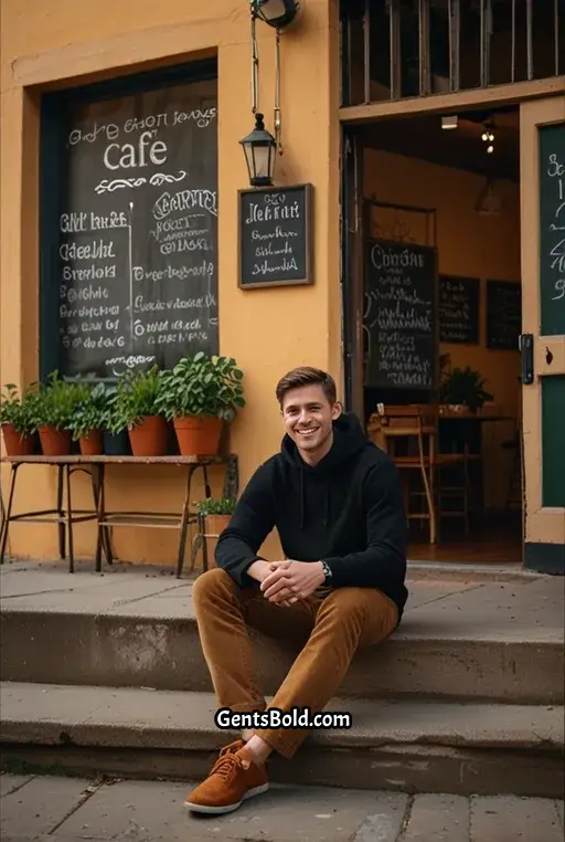 21. Black Hoodie with Corduroy Pants